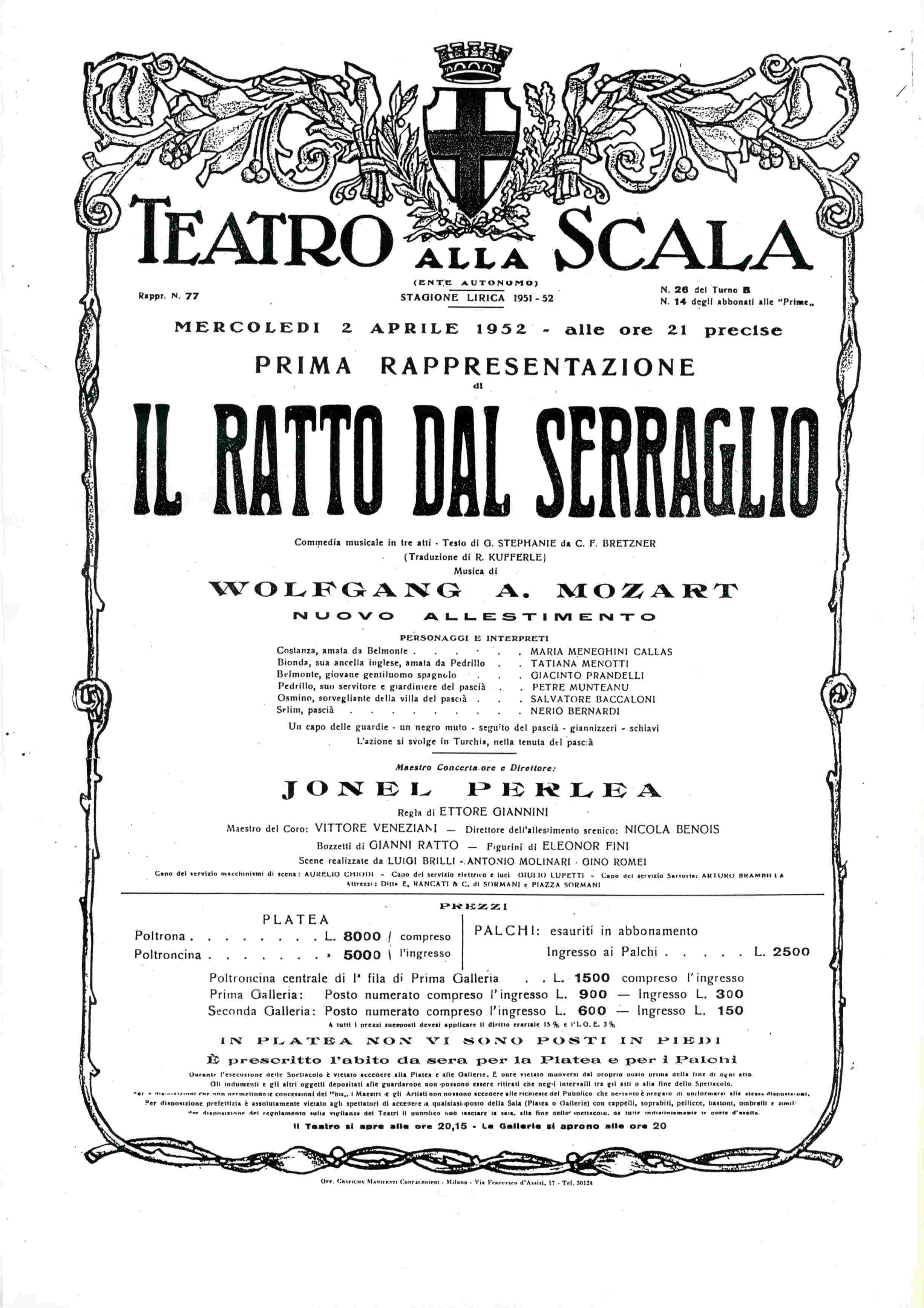 Locandina della prima rappresentazione dell'opera teatrale "Il ratto dal serraglio" del 1952, presso il Teatro alla Scala, con la regia di Ettore Giannini