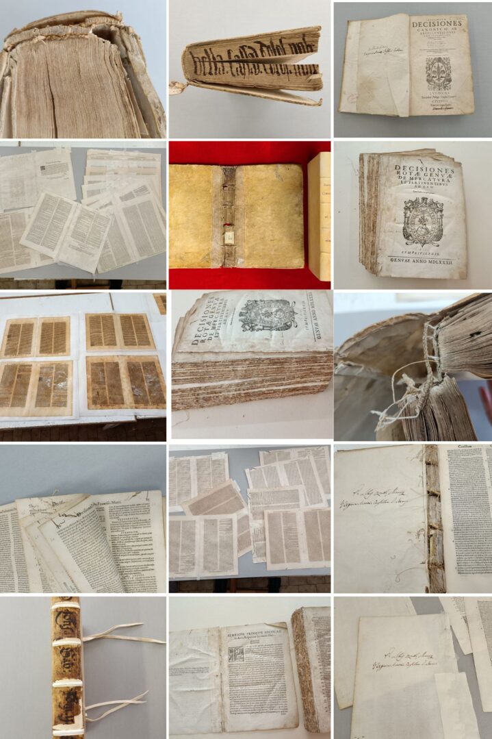 Collage di foto delle fasi di restauro delle Cinquecentine esposte